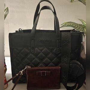 Betsey Johnson Black Quilted Tote with Coach Burgundy Pouch / Wristlet
